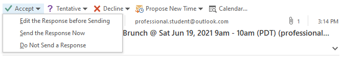 Screenshot of Outlook calendar invitation dropdown menu showing options after you select Accept