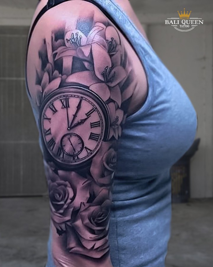 Clock With Flowers Classy Shoulder Tattoos Female