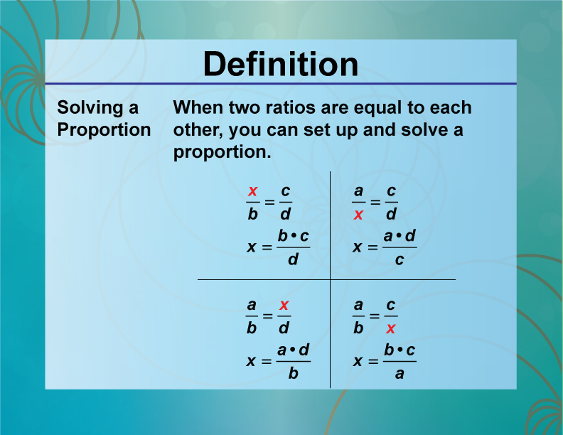 Solving a Proportion
When two ratios are equal to each other, you can set up and solve a proportion.
There are four possible equations possible when solving a proportion.