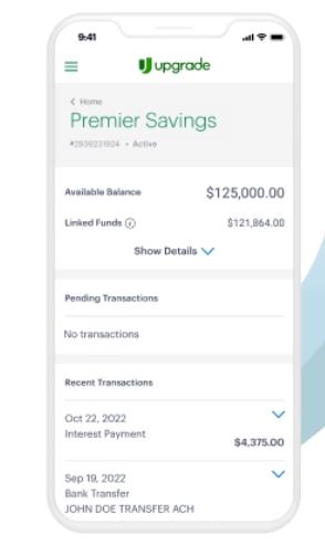View of Upgrade’s Premier Savings dashboard on the mobile banking app. 