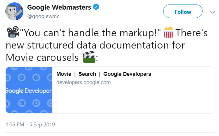 Tweet by Google Webmaster on Structured data for movie carousels.