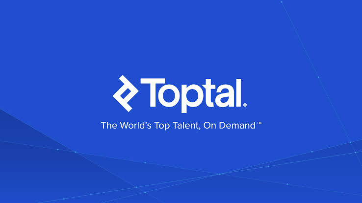 Toptal freelance website logo and motto on fine blue background with white fonts 