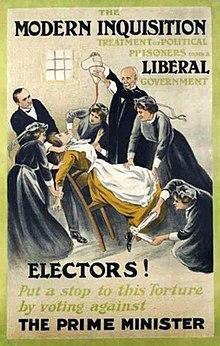 Suffragette poster depicting the force feeding of an activist in prison.