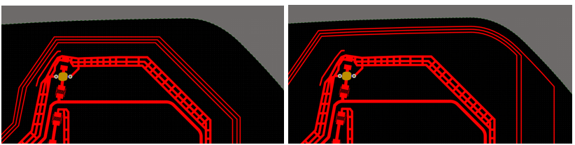 Sliding traces toward the edge of a printed electronics board outline. The first picture depicts a traditional approach. The second picture depicts when traces are slid towards the curved edge of the layout area.