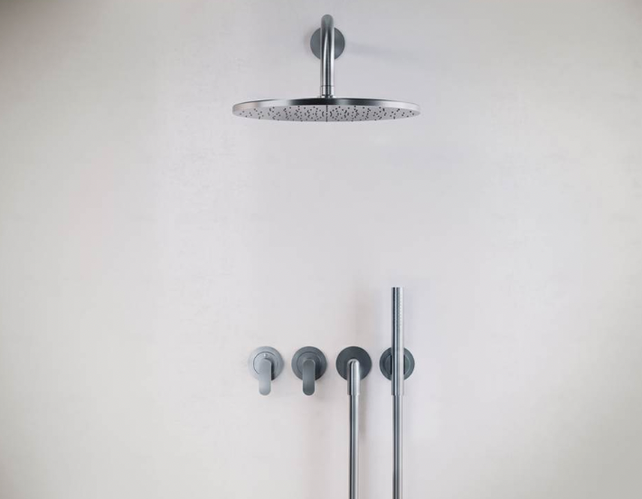 modern luxury bathroom with minimalist designs, silver rain shower