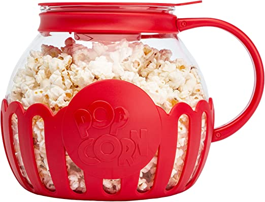 a red popcorn popper with handle