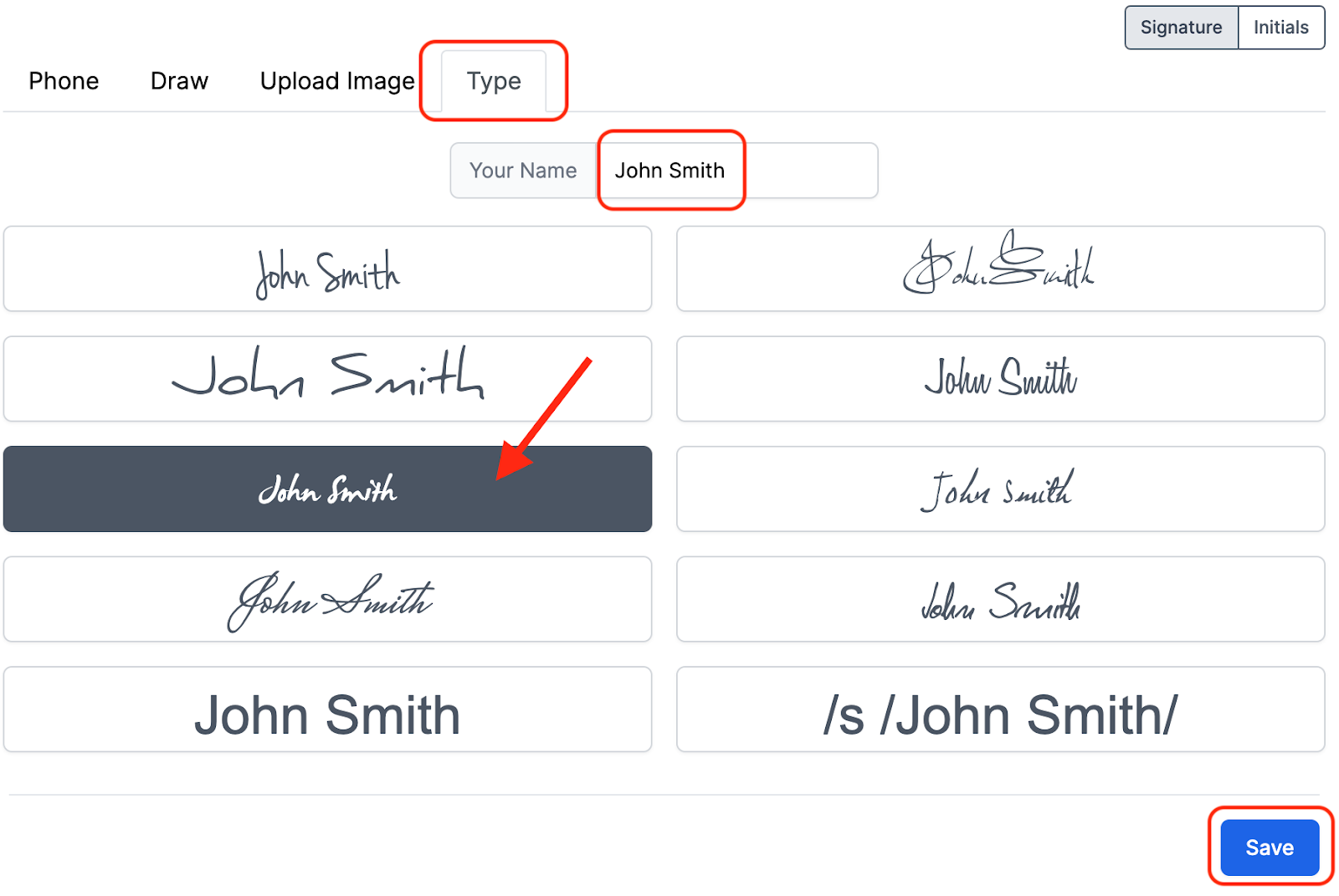 DocHub Signature tool Type option showing signatures for the name John Smith.