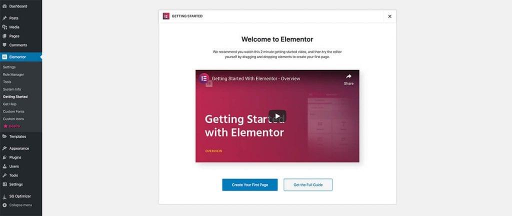 Elementor post installation screen