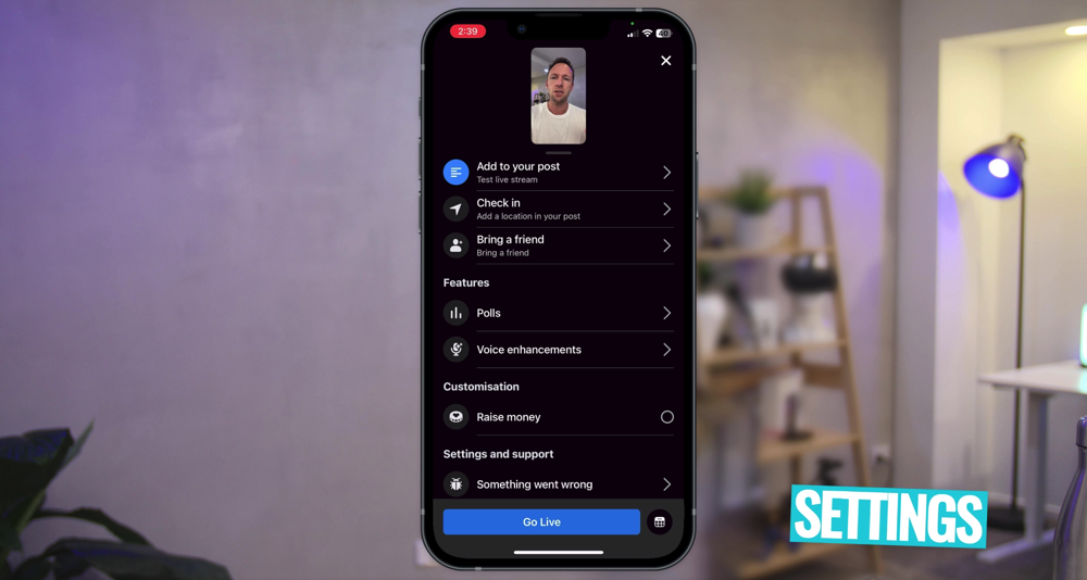 Settings menu for Facebook Live in the mobile app