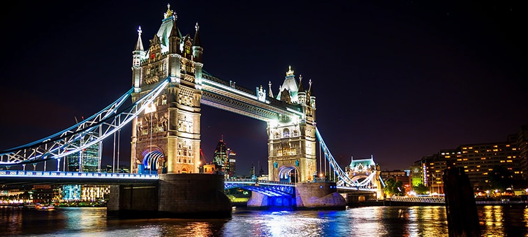 London's Tower Bridge illuminated at night