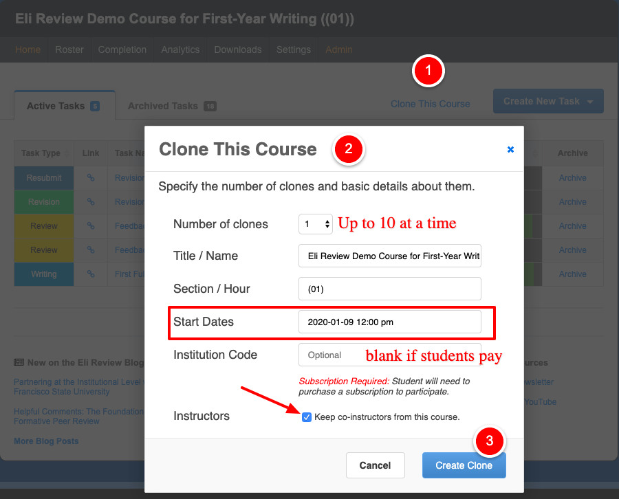 Image shows options for customizing number of clones, start date, institutional code for institutional subscriptions, and options for including/excluding co-instructors.