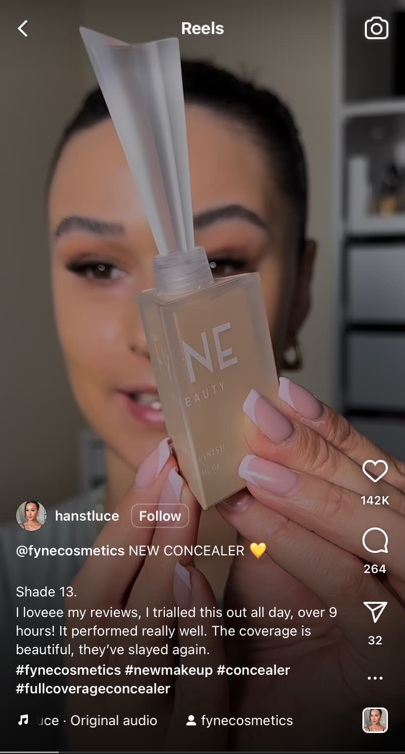 Screenshot of an influencer promoting Fyne Cosmetics on Instagram; How to Get More Instagram Followers