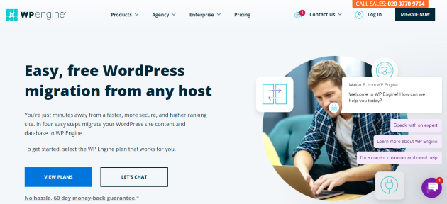 WP Engine "Easy, free WordPress migration from any host" landing page