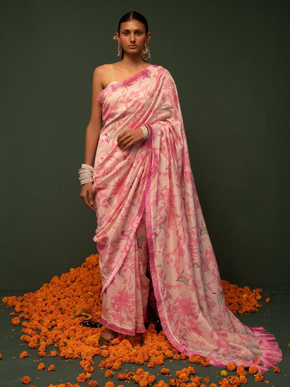 the loom - Pink Printed Chanderi Silk Saree with Blouse Piece