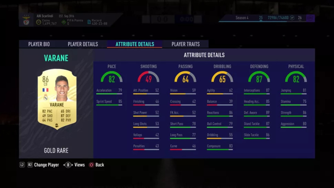 Raphael Varane’s card on FIFA21