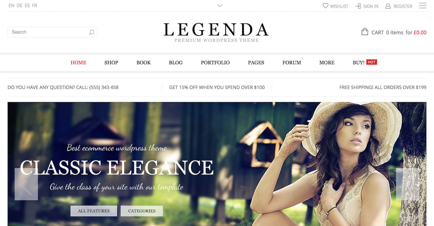 Tema WordPress de comércio eletrônico Legenda