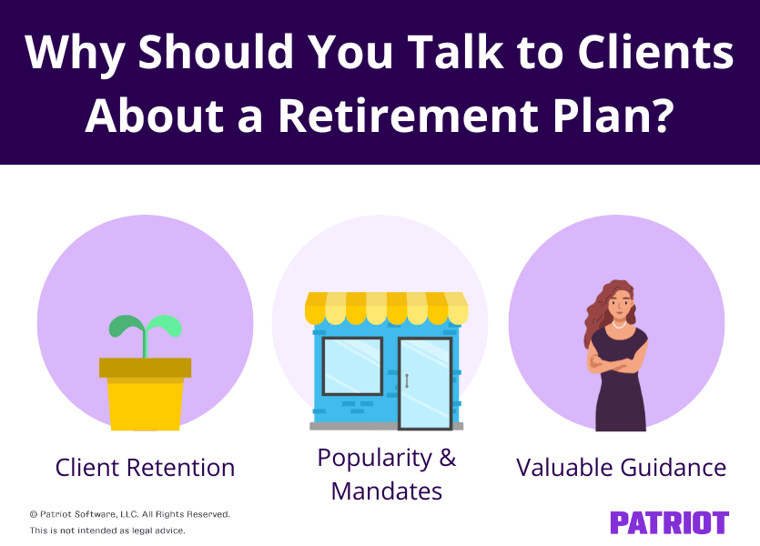 why should you talk to clients about a retirement plan? Client retention, popularity and mandates, valuable guidance