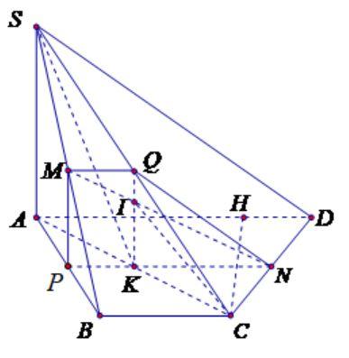 Cho hình chóp (S.ABCD) có đáy (ABCD) là hình thang cân, (AD = 2AB = 2BC = 2CD = 2a). Hai mặt phẳng (left( {SAB} right)) và (left( {SAD} right)) cùng vuông góc với mặt phẳng (left( {ABCD} right)). Gọi (M,,,N) lần lượt là trung điểm của (SB) và (CD). Tính cosin góc giữa (MN) và (left( {SAC} right)), biết thể tích khối chóp (S.ABCD) bằng (frac{{{a^3}sqrt 3 }}{4}).</p> 1