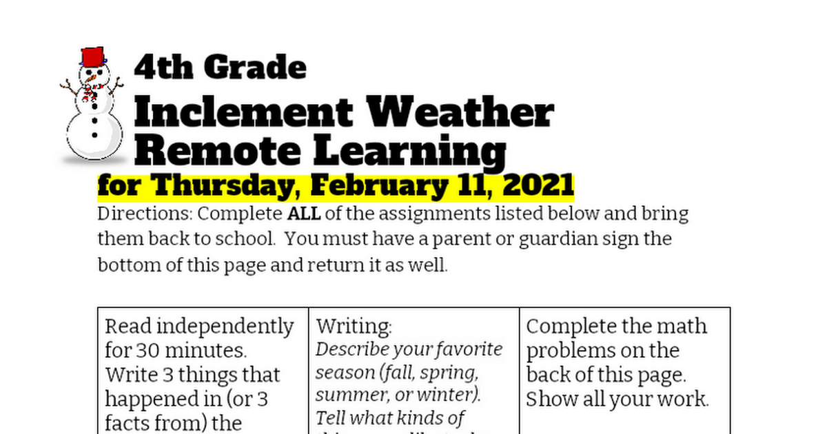 4th Grade Inclement Weather Remote Learning 2_11_2-2021