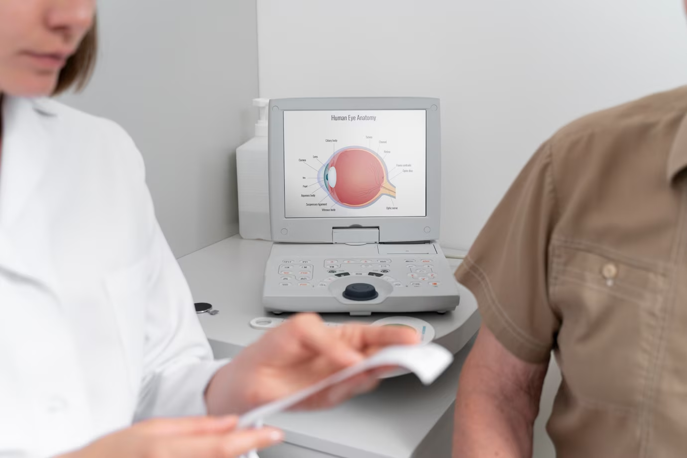 A man having an eyesight check at an ophthalmology clinic.
