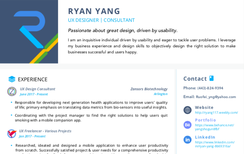 A resumé, saying Ryan Yang at the top, that prioritizes important information such as contact details.