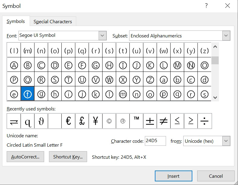 searching for Lowercased Circled F symbols using the character code