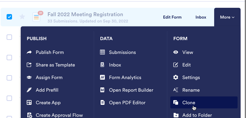 Screenshot of Jotform website, Fall 2022 Meeting Registration, More menu, pointing to the "Clone" option.