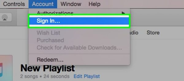 To use iTunes, you need to log in with your Apple ID account from the account menu.