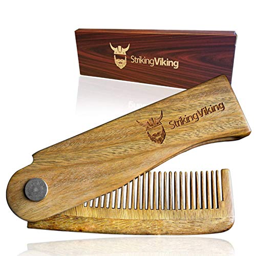 Folding Wooden Comb by Striking Viking - Men's Hair, Beard, and Mustache Styling Comb - Pocket Sized, Heavy Duty, Sandal Wood Comb for Every Day Grooming - Use Dry or with Balms and Oils
