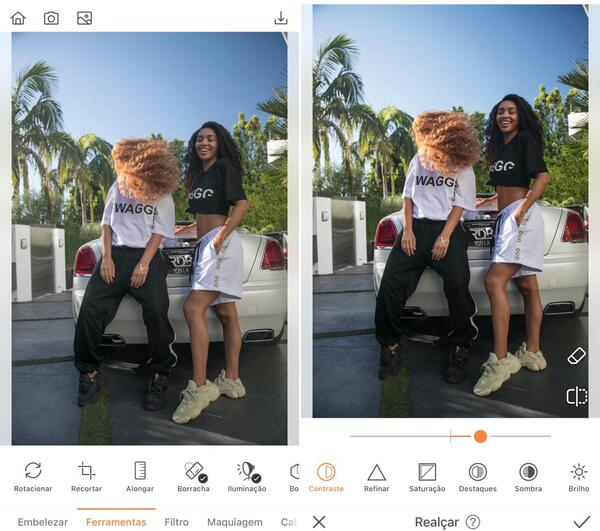 Foto de duas amigas, com várias Palmeiras atrás, sendo editada pelo AirBrush
