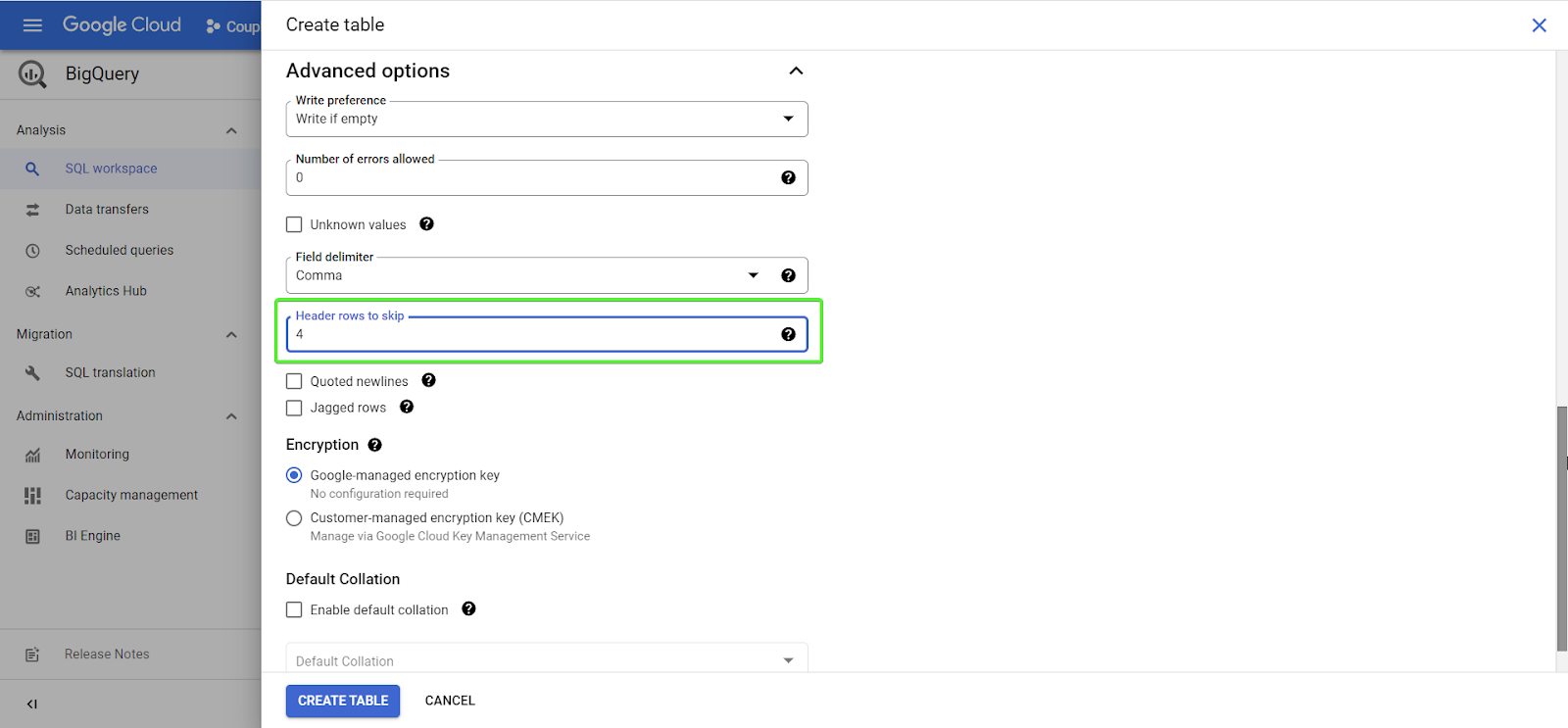 Upload the LinkedIn Ads CSV file to Google BigQuery - settings 2