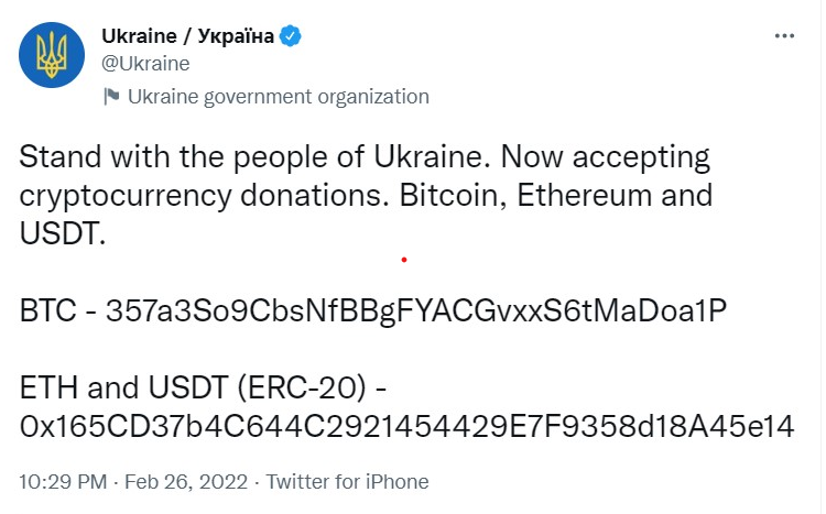 Chính phủ Ukraine kêu gọi ủng hộ qua kênh crypto