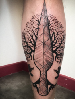 Spearhead Engraved With Runes And Crows Yggdrasil Tattoo