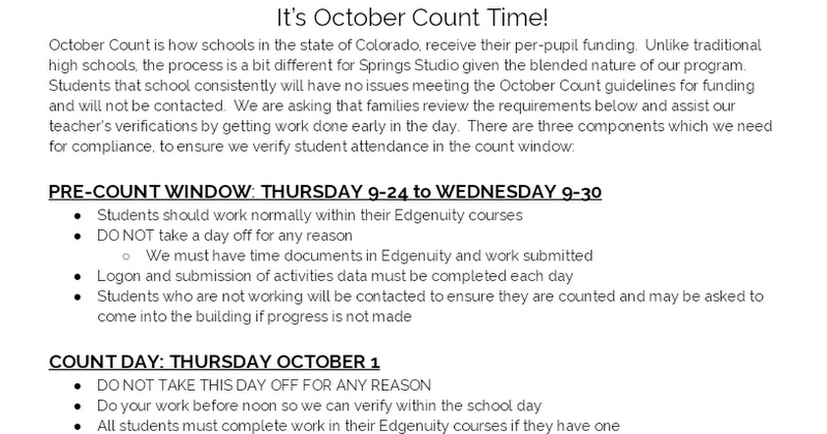 SSAE October Count Information for Families