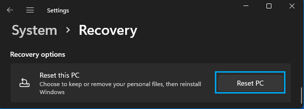 Recover > Reset this PC.