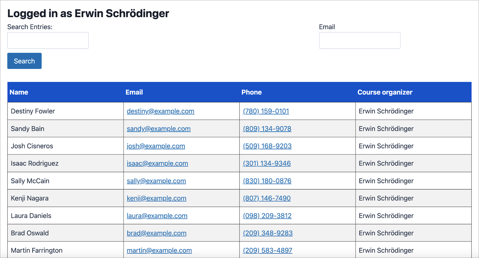 A table displaying students who signed up for Erwin Schrodinger's course