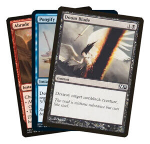 Magic the Gathering cards Doom Blade, Pongify, and Abrade