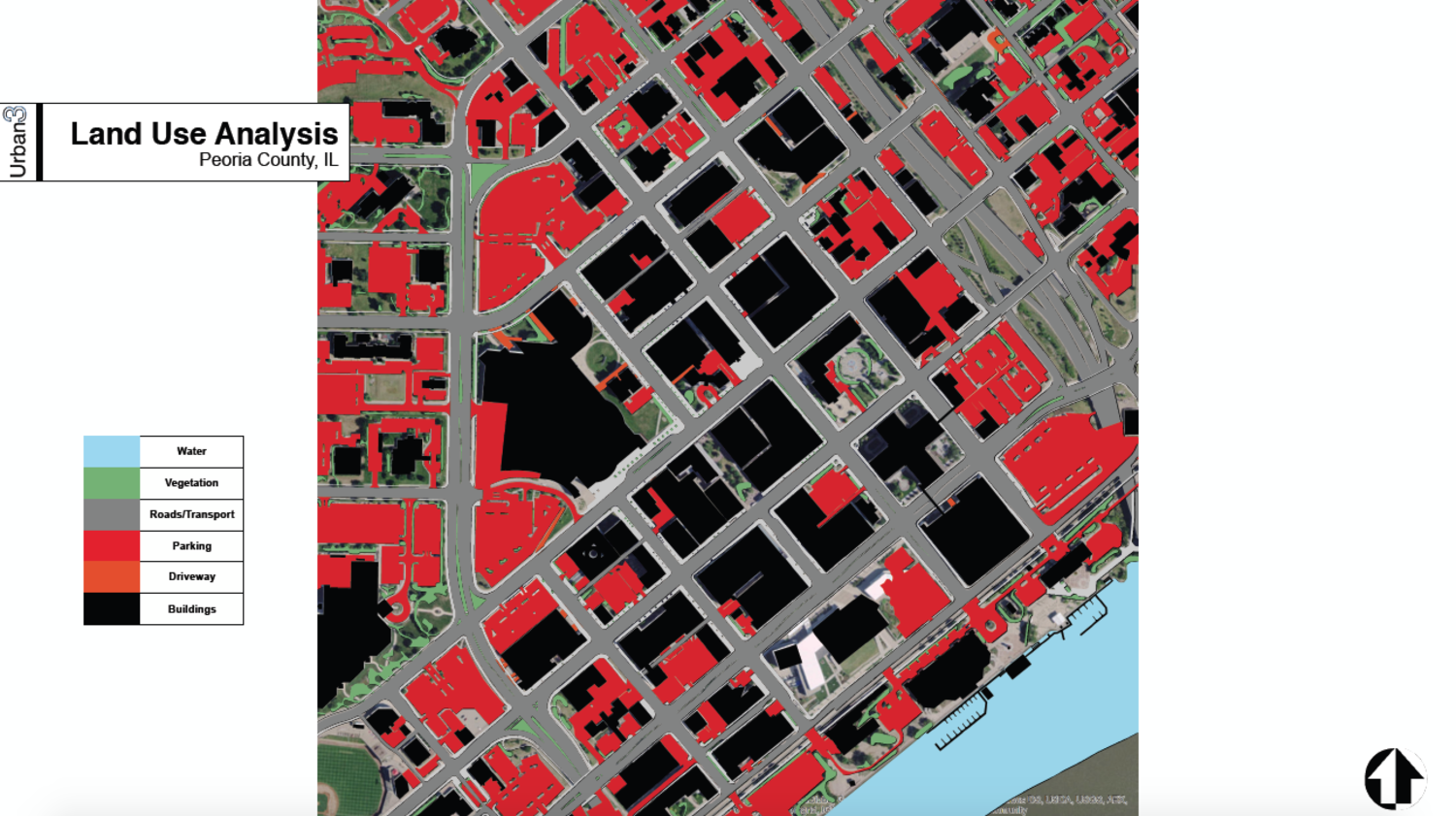 A satellite image of downtown Peoria, Illinois showing through color coding, that the downtown area is taken up mainly by parking lots.