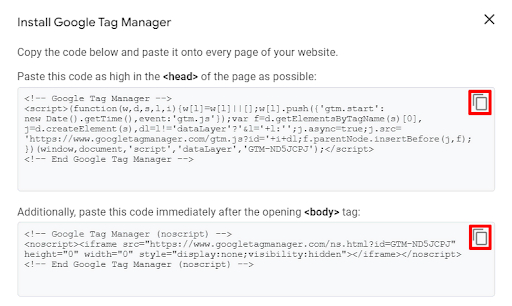 Codes d'extraits de Google Tag Manager pour votre site web.