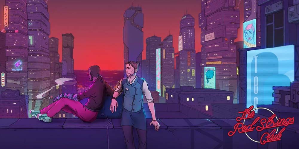 Two main characters of The Red Strings Club enjoying the view of the city