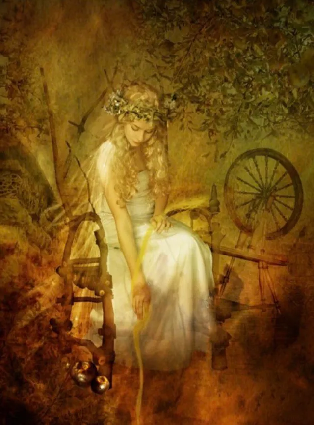 The illustration depicts Frigg using her spinning wheel while wearing a white dress and flowers in her hair. 