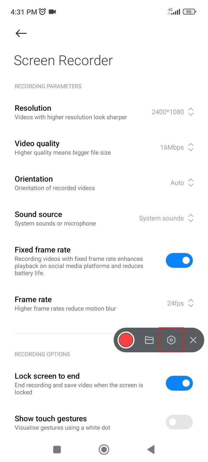 access the screen recorder settings