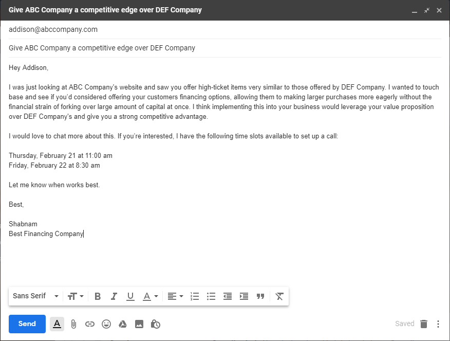 example of “how to beat a competitor” sales prospecting email template.