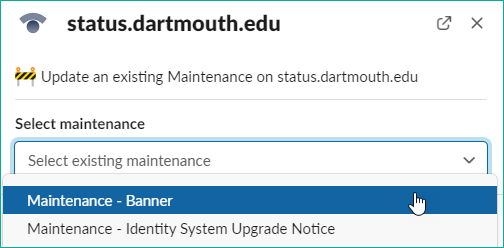 screenshot of Slack app to update maintenance