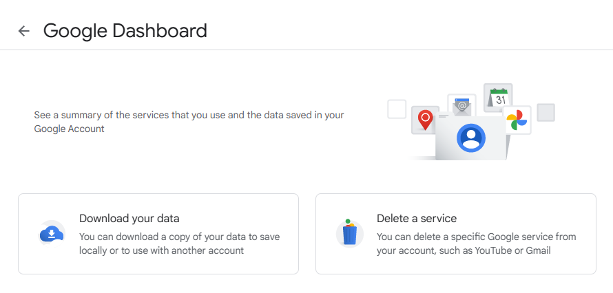 Google dashboard "Delete a service" option