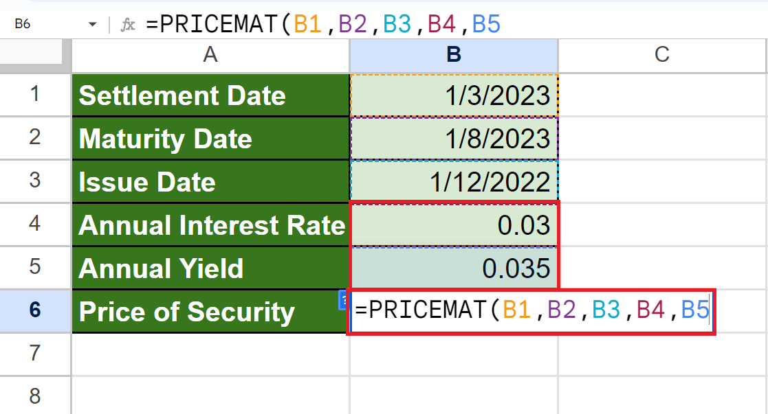 PRICEMAT Function in Google Sheets