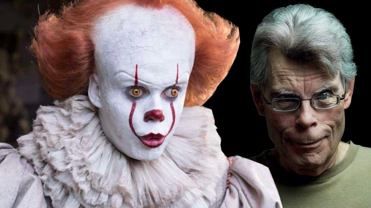 The incredibly famous horror author Stephen King standing next to his most iconic creation Pennywise the clown.