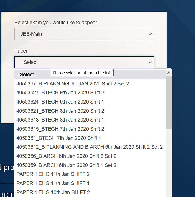 Drop down box for JEE Main 2022