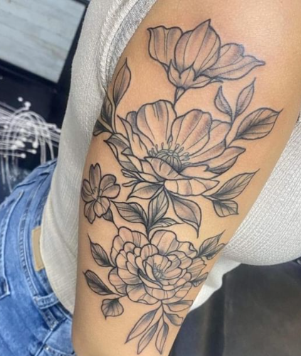 Black And Grey Fabulous Floral Sleeve Tattoo Women