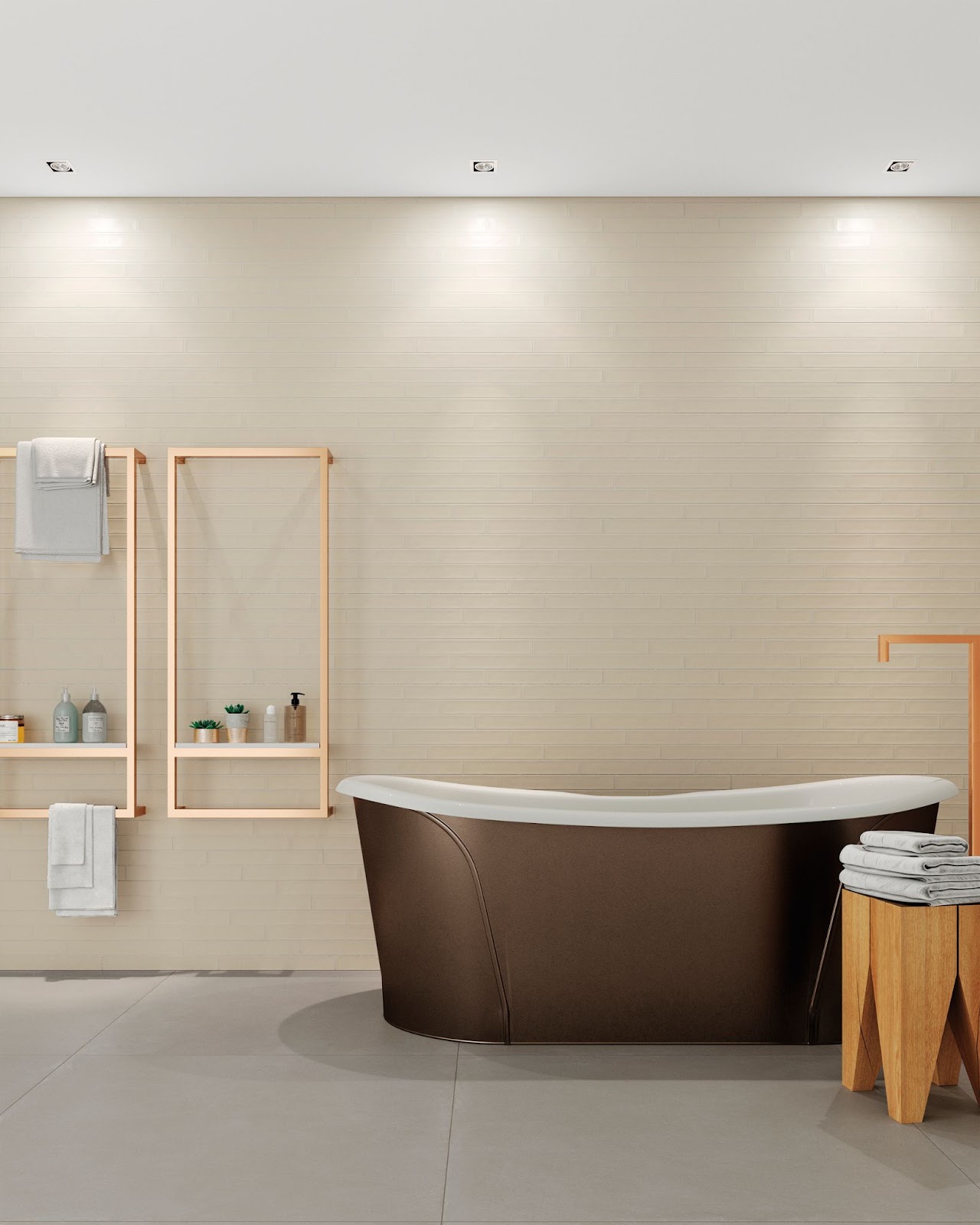 No porcelanato natural, o Toquio Be,Portinari finaliza com estilo áreas úmidas, como banheiro.